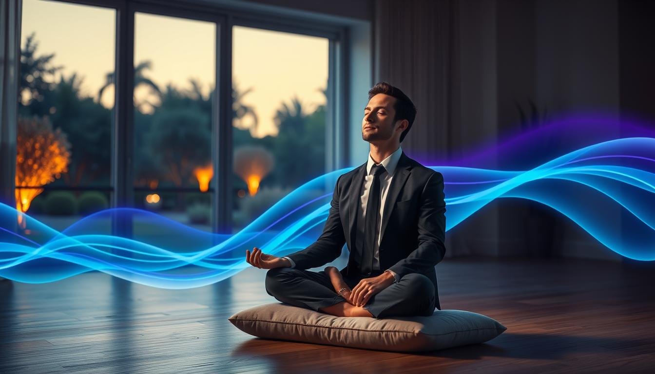 A serene meditation scene illustrating "theta brainwave meditation" with a focus on the concept of the "Billionaire Brain Wave". In the foreground, a person in professional business attire sits cross-legged on a soft meditation cushion, eyes closed, radiating calmness. The middle ground features abstract waves of energy in soothing blue and purple hues, symbolizing theta brainwaves, gently undulating around the meditating figure. The background showcases a peaceful, softly lit room with large windows revealing a tranquil garden at dusk, illuminated by warm, golden light. This creates a tranquil and introspective atmosphere, emphasizing relaxation and mental clarity. The overall mood is calming and focused, inviting viewers into a state of mindfulness and deep concentration. A serene meditation scene illustrating "theta brainwave meditation" with a focus on the concept of the "Billionaire Brain Wave". In the foreground, a person in professional business attire sits cross-legged on a soft meditation cushion, eyes closed, radiating calmness. The middle ground features abstract waves of energy in soothing blue and purple hues, symbolizing theta brainwaves, gently undulating around the meditating figure. The background showcases a peaceful, softly lit room with large windows revealing a tranquil garden at dusk, illuminated by warm, golden light. This creates a tranquil and introspective atmosphere, emphasizing relaxation and mental clarity. The overall mood is calming and focused, inviting viewers into a state of mindfulness and deep concentration.
