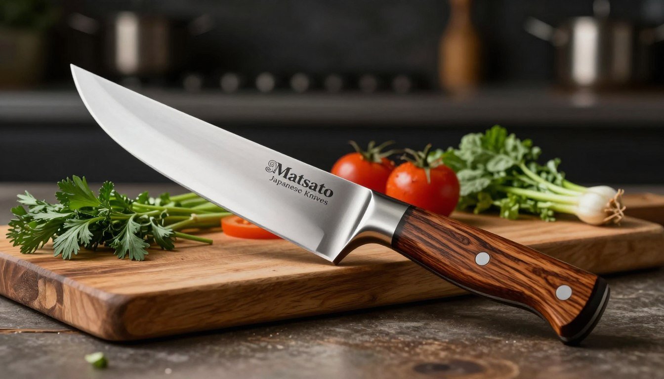 A beautifully crafted Matsato Osuren knife, showcasing its elegant, curved blade and striking wooden handle, positioned prominently in the foreground. The knife has intricate detailing engraved on the blade, reflecting its craftsmanship and quality. In the middle, set on a rustic wooden cutting board, lie fresh herbs and vibrant vegetables, hinting at its culinary purpose. The background features a softly blurred dark kitchen setting, adding a moody atmosphere. The scene is illuminated with cinematic lighting, highlighting the gleam on the blade and the textures of the ingredients. Shot in ultra-detailed 8k resolution, capturing the essence of professional kitchen photography. Display the brand "Matsato Japanese Knives" subtly in the image without any text overlays. A beautifully crafted Matsato Osuren knife, showcasing its elegant, curved blade and striking wooden handle, positioned prominently in the foreground. The knife has intricate detailing engraved on the blade, reflecting its craftsmanship and quality. In the middle, set on a rustic wooden cutting board, lie fresh herbs and vibrant vegetables, hinting at its culinary purpose. The background features a softly blurred dark kitchen setting, adding a moody atmosphere. The scene is illuminated with cinematic lighting, highlighting the gleam on the blade and the textures of the ingredients. Shot in ultra-detailed 8k resolution, capturing the essence of professional kitchen photography. Display the brand "Matsato Japanese Knives" subtly in the image without any text overlays.