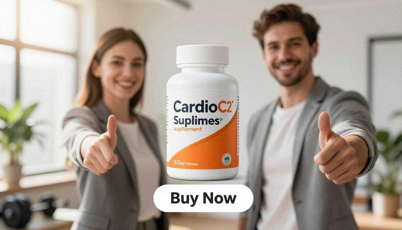 A bright and inviting image featuring a sleek, modern bottle of "CardioC2 supplement" prominently displayed in the foreground. Beside it, a fit man and woman, dressed in professional business attire, each holding the bottle with smiles, showcasing confidence and health. In the background, a soft-focus setting of a sunlit office or wellness space, with greenery and fitness equipment subtly visible, creating an atmosphere of vitality and well-being. The lighting is warm and engaging, highlighting the vibrant colors of the supplement bottle, which features the brand name "Health & Wellness" prominently. Below the bottle, a visually appealing "Buy Now" button enhances the call to action. The overall mood is dynamic and positive, emphasizing heart health and a proactive lifestyle. A bright and inviting image featuring a sleek, modern bottle of "CardioC2 supplement" prominently displayed in the foreground. Beside it, a fit man and woman, dressed in professional business attire, each holding the bottle with smiles, showcasing confidence and health. In the background, a soft-focus setting of a sunlit office or wellness space, with greenery and fitness equipment subtly visible, creating an atmosphere of vitality and well-being. The lighting is warm and engaging, highlighting the vibrant colors of the supplement bottle, which features the brand name "Health & Wellness" prominently. Below the bottle, a visually appealing "Buy Now" button enhances the call to action. The overall mood is dynamic and positive, emphasizing heart health and a proactive lifestyle.