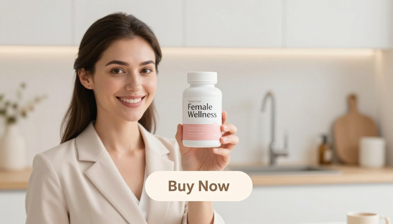 A bright and inviting product display featuring a woman in professional attire, holding a sleek, modern bottle of FemiCore—a natural bladder support supplement. The foreground showcases the woman smiling confidently, with direct eye contact, embodying health and wellness. She has a natural, glowing complexion and is surrounded by soft, ethereal light to create a sense of freshness. The middle ground displays the product prominently, with the brand name "Female Wellness" elegantly styled on the bottle. The background is a serene and calming setting, suggesting a healthy lifestyle—perhaps a softly blurred homey kitchen or a spa-like environment. A minimalist "Buy Now" button is featured below the product, designed in subtle pastel colors to complement the overall mood. The atmosphere is uplifting and encouraging, emphasizing the importance of feminine health and wellness. A bright and inviting product display featuring a woman in professional attire, holding a sleek, modern bottle of FemiCore—a natural bladder support supplement. The foreground showcases the woman smiling confidently, with direct eye contact, embodying health and wellness. She has a natural, glowing complexion and is surrounded by soft, ethereal light to create a sense of freshness. The middle ground displays the product prominently, with the brand name "Female Wellness" elegantly styled on the bottle. The background is a serene and calming setting, suggesting a healthy lifestyle—perhaps a softly blurred homey kitchen or a spa-like environment. A minimalist "Buy Now" button is featured below the product, designed in subtle pastel colors to complement the overall mood. The atmosphere is uplifting and encouraging, emphasizing the importance of feminine health and wellness.