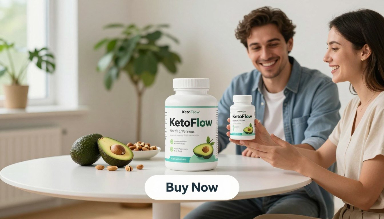 A bright and inviting product display showcasing "KetoFlow" by the brand "Health & Wellness". In the foreground, a cheerful man and woman in professional casual attire are joyfully holding the KetoFlow supplement bottle, emphasizing a sense of trust and enthusiasm. The middle ground features a sleek, modern table with the product prominently displayed alongside fresh keto-friendly food items like avocados and nuts. The background includes soft-focus green plants, symbolizing health and vitality, with warm, natural lighting creating a welcoming atmosphere. The image should convey a sense of energy and positivity, with a clear "Buy Now" button beneath the product, visually encouraging viewers to make a purchase. A bright and inviting product display showcasing "KetoFlow" by the brand "Health & Wellness". In the foreground, a cheerful man and woman in professional casual attire are joyfully holding the KetoFlow supplement bottle, emphasizing a sense of trust and enthusiasm. The middle ground features a sleek, modern table with the product prominently displayed alongside fresh keto-friendly food items like avocados and nuts. The background includes soft-focus green plants, symbolizing health and vitality, with warm, natural lighting creating a welcoming atmosphere. The image should convey a sense of energy and positivity, with a clear "Buy Now" button beneath the product, visually encouraging viewers to make a purchase.
