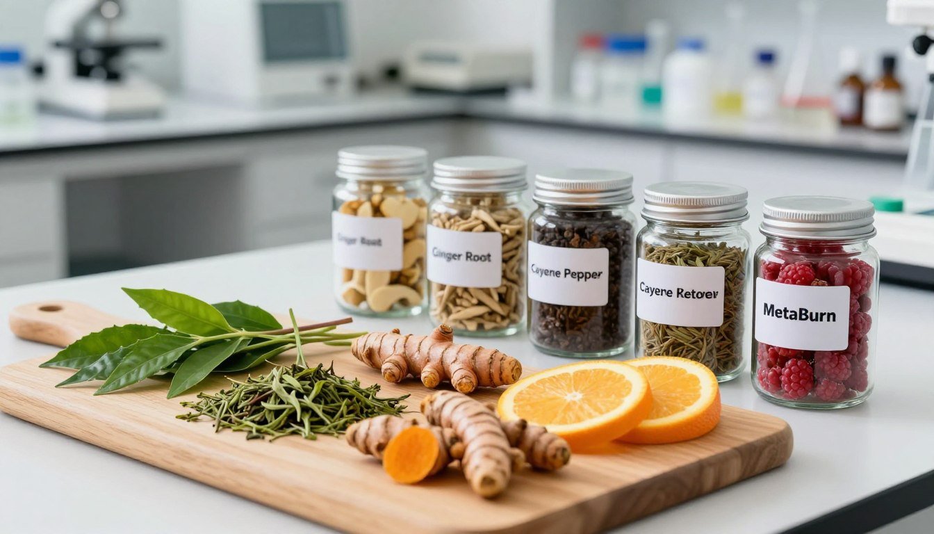 A clean, well-lit laboratory countertop showcasing an array of natural ingredients used in MetaBurn capsules. In the foreground, a wooden cutting board holds vibrant green herbs like green tea leaves, along with bright turmeric roots and orange slices. In the middle ground, glass jars with labels displaying the ingredient names like ‘Ginger Root’, ‘Cayenne Pepper’, and ‘Raspberry Ketones’ are meticulously arranged. The background features softly focused shelves filled with scientific equipment, hinting at a research-focused atmosphere. The lighting is bright, emphasizing the freshness and quality of the ingredients, while a slight soft focus creates a calm, professional mood. The angle is slightly overhead, providing a comprehensive view of the ingredients laid out carefully. A clean, well-lit laboratory countertop showcasing an array of natural ingredients used in MetaBurn capsules. In the foreground, a wooden cutting board holds vibrant green herbs like green tea leaves, along with bright turmeric roots and orange slices. In the middle ground, glass jars with labels displaying the ingredient names like ‘Ginger Root’, ‘Cayenne Pepper’, and ‘Raspberry Ketones’ are meticulously arranged. The background features softly focused shelves filled with scientific equipment, hinting at a research-focused atmosphere. The lighting is bright, emphasizing the freshness and quality of the ingredients, while a slight soft focus creates a calm, professional mood. The angle is slightly overhead, providing a comprehensive view of the ingredients laid out carefully.