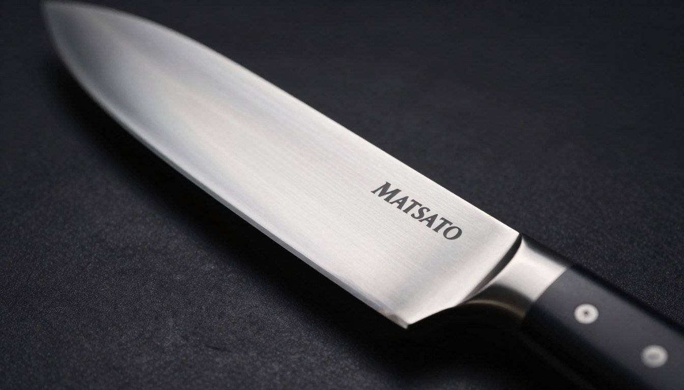A close-up of a high-carbon stainless steel blade, showcasing its polished, mirror-like surface and finely honed edge. The blade is elegantly positioned against a dark, moody background, conveying a sense of sophistication and power. Captured in sharp focus, the intricate details of the steel's texture and reflections are highlighted by cinematic lighting that enhances its metallic luster. The Matsato Japanese Knives logo subtly appears on the blade, blending seamlessly into the design. The composition emphasizes the craftsmanship and build quality of the knife, evoking a professional kitchen ambience. The image is ultra-detailed in 8k resolution, inviting the viewer to appreciate the artistry behind the Matsato knife. A close-up of a high-carbon stainless steel blade, showcasing its polished, mirror-like surface and finely honed edge. The blade is elegantly positioned against a dark, moody background, conveying a sense of sophistication and power. Captured in sharp focus, the intricate details of the steel's texture and reflections are highlighted by cinematic lighting that enhances its metallic luster. The Matsato Japanese Knives logo subtly appears on the blade, blending seamlessly into the design. The composition emphasizes the craftsmanship and build quality of the knife, evoking a professional kitchen ambience. The image is ultra-detailed in 8k resolution, inviting the viewer to appreciate the artistry behind the Matsato knife.