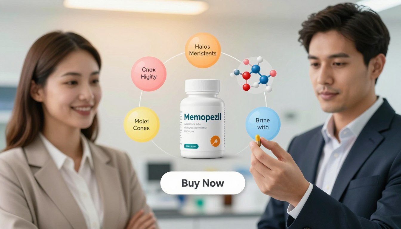 A close-up product display featuring Memopezil capsules analyzed for their ingredients. In the foreground, a man and woman in professional business attire hold the capsules, showcasing confidence and expertise. The woman has shoulder-length brown hair and a friendly smile, while the man sports a neat suit with a thoughtful expression. In the middle ground, a detailed breakdown of the ingredients is artistically displayed, using vibrant graphical representations or molecular structures, emphasizing the science behind the product. The background features a softly blurred lab or clinical setting with warm, inviting lighting to create an atmosphere of trust and professionalism. Below, a sleek "Buy Now" button is incorporated seamlessly. The brand name "Health And Wellness" is subtly integrated within the design, ensuring it enhances the overall composition without dominating the image. A close-up product display featuring Memopezil capsules analyzed for their ingredients. In the foreground, a man and woman in professional business attire hold the capsules, showcasing confidence and expertise. The woman has shoulder-length brown hair and a friendly smile, while the man sports a neat suit with a thoughtful expression. In the middle ground, a detailed breakdown of the ingredients is artistically displayed, using vibrant graphical representations or molecular structures, emphasizing the science behind the product. The background features a softly blurred lab or clinical setting with warm, inviting lighting to create an atmosphere of trust and professionalism. Below, a sleek "Buy Now" button is incorporated seamlessly. The brand name "Health And Wellness" is subtly integrated within the design, ensuring it enhances the overall composition without dominating the image.