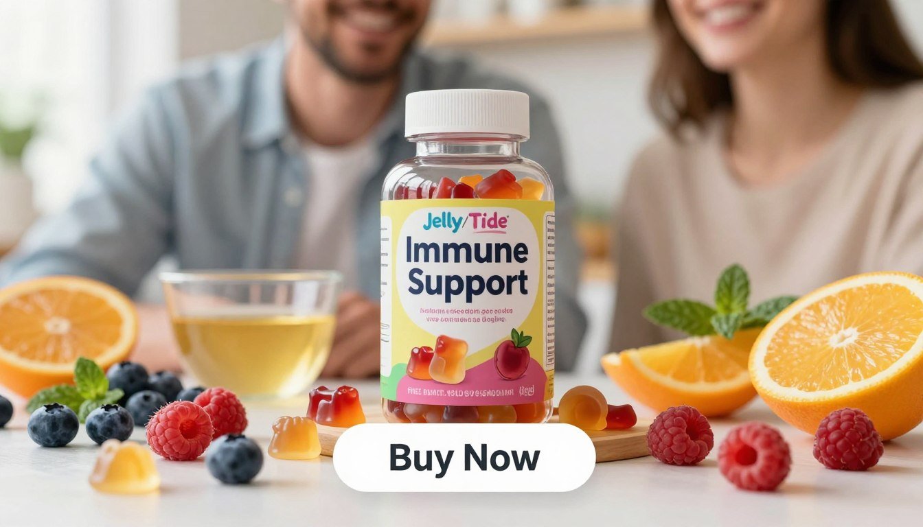 A close-up product image showcasing key ingredients in Jelly Tide Gummies. In the foreground, depict a man and a woman holding a vibrant, colorful bottle labeled "Immune Support." The gummies inside should be visible, displaying their enticing gummy shapes and colors. Surrounding them, present a variety of fresh, natural ingredients like gelatin, vitamins, and fruity elements such as blueberries, raspberries, and slices of citrus, creating a vibrant, appealing arrangement. In the background, a softly blurred kitchen setting conveys a health-conscious lifestyle with natural light streaming in, enhancing the freshness of the ingredients. Below the product, include a "Buy Now" button, designed in a modern and inviting style. The overall mood should be uplifting and motivating, highlighting the appealing qualities of the gummies. A close-up product image showcasing key ingredients in Jelly Tide Gummies. In the foreground, depict a man and a woman holding a vibrant, colorful bottle labeled "Immune Support." The gummies inside should be visible, displaying their enticing gummy shapes and colors. Surrounding them, present a variety of fresh, natural ingredients like gelatin, vitamins, and fruity elements such as blueberries, raspberries, and slices of citrus, creating a vibrant, appealing arrangement. In the background, a softly blurred kitchen setting conveys a health-conscious lifestyle with natural light streaming in, enhancing the freshness of the ingredients. Below the product, include a "Buy Now" button, designed in a modern and inviting style. The overall mood should be uplifting and motivating, highlighting the appealing qualities of the gummies.