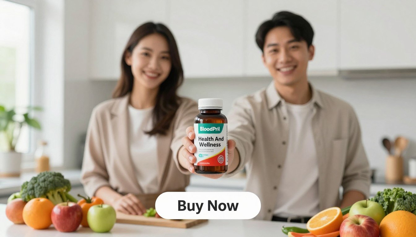 A man and woman standing side by side in a bright, modern kitchen, both dressed in professional business attire, smiling confidently as they hold a bottle of BloodPril prominently in the foreground. The product has vibrant packaging with a label that reads "Health And Wellness". Below them, a clean and sleek "Buy Now" button is visible, inviting the viewer to take action. In the middle ground, fresh fruits and vegetables are artistically arranged on a countertop, symbolizing health and nutrition. The bright, natural lighting creates a warm atmosphere, while a blend of soft-focus greenery is seen in the background, enhancing the mood of vitality and well-being. The camera angle captures a dynamic view, focusing on the product and the encouraging expressions of the individuals. A man and woman standing side by side in a bright, modern kitchen, both dressed in professional business attire, smiling confidently as they hold a bottle of BloodPril prominently in the foreground. The product has vibrant packaging with a label that reads "Health And Wellness". Below them, a clean and sleek "Buy Now" button is visible, inviting the viewer to take action. In the middle ground, fresh fruits and vegetables are artistically arranged on a countertop, symbolizing health and nutrition. The bright, natural lighting creates a warm atmosphere, while a blend of soft-focus greenery is seen in the background, enhancing the mood of vitality and well-being. The camera angle captures a dynamic view, focusing on the product and the encouraging expressions of the individuals.