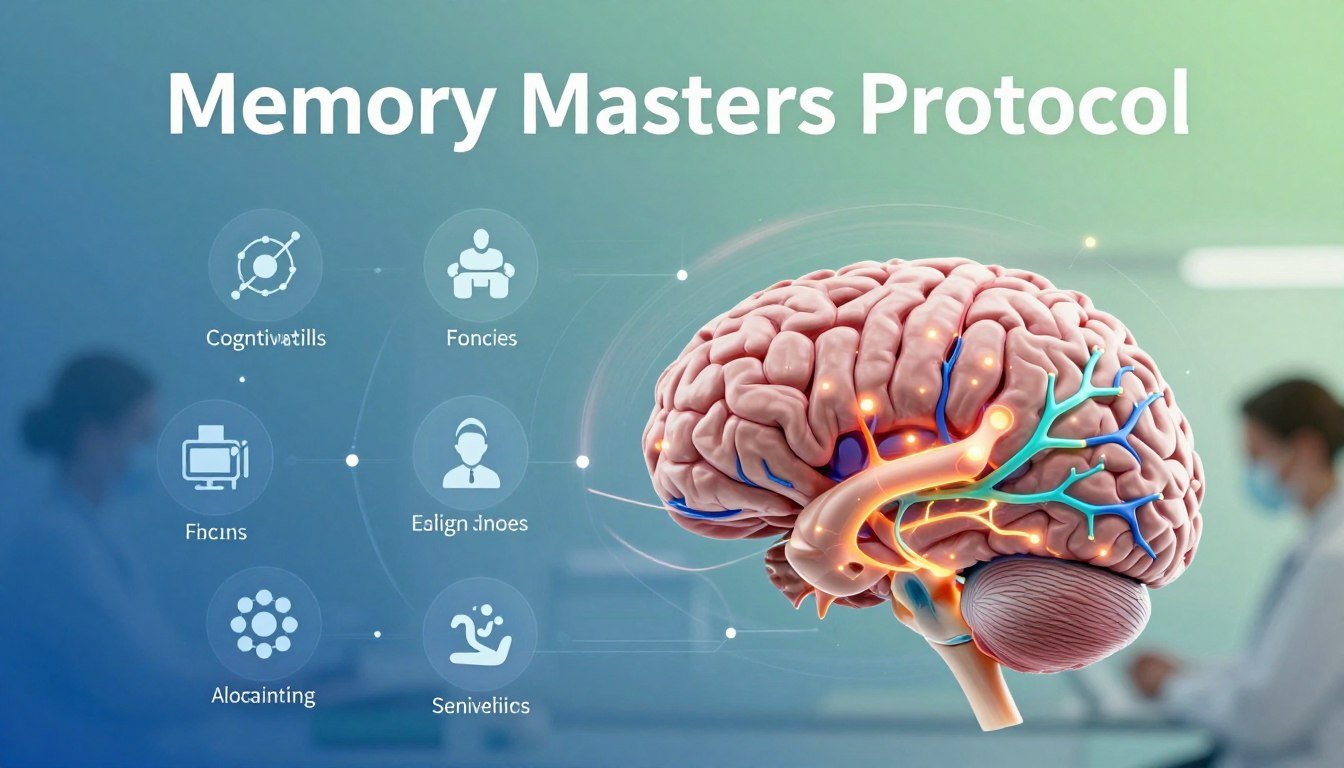 A professional healthcare aesthetic showcasing the "Memory Masters Protocol" features, emphasizing brain imagery. In the foreground, an anatomical illustration of a human brain, highlighted with vibrant neural pathways and glowing synapses, symbolizing memory enhancement. In the middle ground, sleek digital elements represent the program's components, including symbols for cognitive skills, focus, and training exercises, arranged in a dynamic, eye-catching layout. In the background, a soft gradient of blue and green colors suggests a calming atmosphere, illuminated by gentle, ambient lighting to create a sense of clarity and focus. The image should evoke a mood of professionalism and innovation in brain training. The scene should not include any text, watermarks, or signatures. A professional healthcare aesthetic showcasing the "Memory Masters Protocol" features, emphasizing brain imagery. In the foreground, an anatomical illustration of a human brain, highlighted with vibrant neural pathways and glowing synapses, symbolizing memory enhancement. In the middle ground, sleek digital elements represent the program's components, including symbols for cognitive skills, focus, and training exercises, arranged in a dynamic, eye-catching layout. In the background, a soft gradient of blue and green colors suggests a calming atmosphere, illuminated by gentle, ambient lighting to create a sense of clarity and focus. The image should evoke a mood of professionalism and innovation in brain training. The scene should not include any text, watermarks, or signatures.