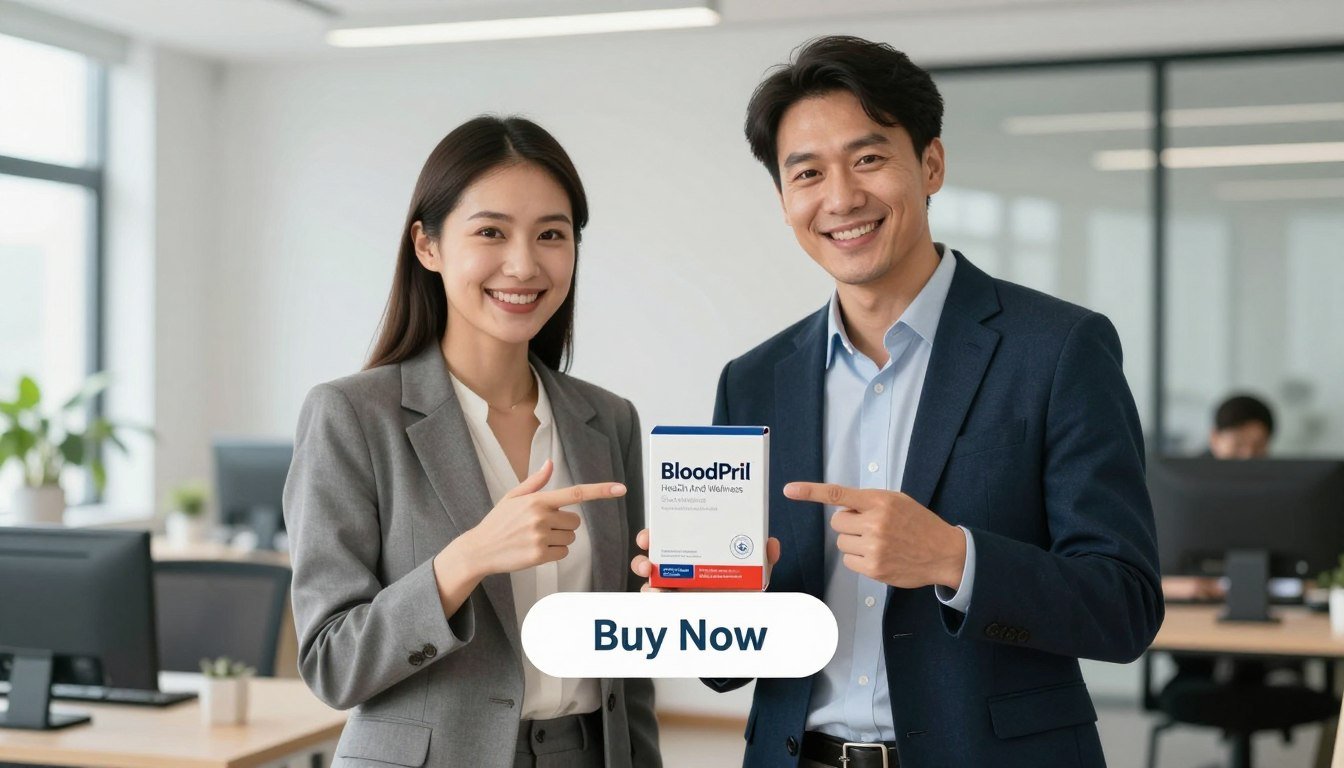 A professional looking man and woman, both dressed in smart business attire, are standing together in a bright, well-lit modern office environment, showcasing the BloodPril product. The man is holding the sleek BloodPril packaging in one hand, while the woman points towards it with an inviting smile, highlighting its benefits. In the foreground, the product package is clearly visible, with the brand name "Health And Wellness" elegantly displayed on the packaging. In the middle ground, a visually appealing "Buy Now" button appears beneath the product, suggesting urgency and action. The background features contemporary office decor and soft natural lighting, creating a professional and trustworthy atmosphere. The overall mood is one of assurance and health empowerment, aiming to convey the positive impact of BloodPril on wellness. A professional looking man and woman, both dressed in smart business attire, are standing together in a bright, well-lit modern office environment, showcasing the BloodPril product. The man is holding the sleek BloodPril packaging in one hand, while the woman points towards it with an inviting smile, highlighting its benefits. In the foreground, the product package is clearly visible, with the brand name "Health And Wellness" elegantly displayed on the packaging. In the middle ground, a visually appealing "Buy Now" button appears beneath the product, suggesting urgency and action. The background features contemporary office decor and soft natural lighting, creating a professional and trustworthy atmosphere. The overall mood is one of assurance and health empowerment, aiming to convey the positive impact of BloodPril on wellness.