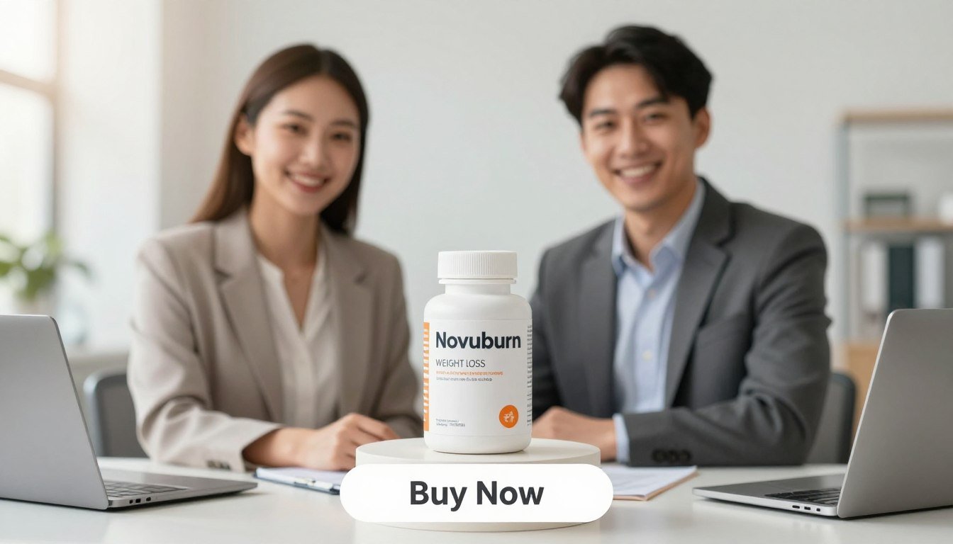 A professional, sleek product display featuring Novuburn weight loss capsules prominently in the foreground. A man and woman in smart business attire are holding the bottle, showcasing its details with confident smiles. The middle ground includes a clean, modern table with neutral colors, highlighting the product as the focal point. In the background, a softly blurred, bright office environment conveys a sense of productivity and health. The lighting is bright and inviting, with a warm glow to enhance the overall atmosphere of energy and positivity. Below the product, a simple, elegant 'Buy Now' button is visible, suggesting action and accessibility. The image should evoke a feeling of trust and well-being, perfect for a health supplement overview. A professional, sleek product display featuring Novuburn weight loss capsules prominently in the foreground. A man and woman in smart business attire are holding the bottle, showcasing its details with confident smiles. The middle ground includes a clean, modern table with neutral colors, highlighting the product as the focal point. In the background, a softly blurred, bright office environment conveys a sense of productivity and health. The lighting is bright and inviting, with a warm glow to enhance the overall atmosphere of energy and positivity. Below the product, a simple, elegant 'Buy Now' button is visible, suggesting action and accessibility. The image should evoke a feeling of trust and well-being, perfect for a health supplement overview.
