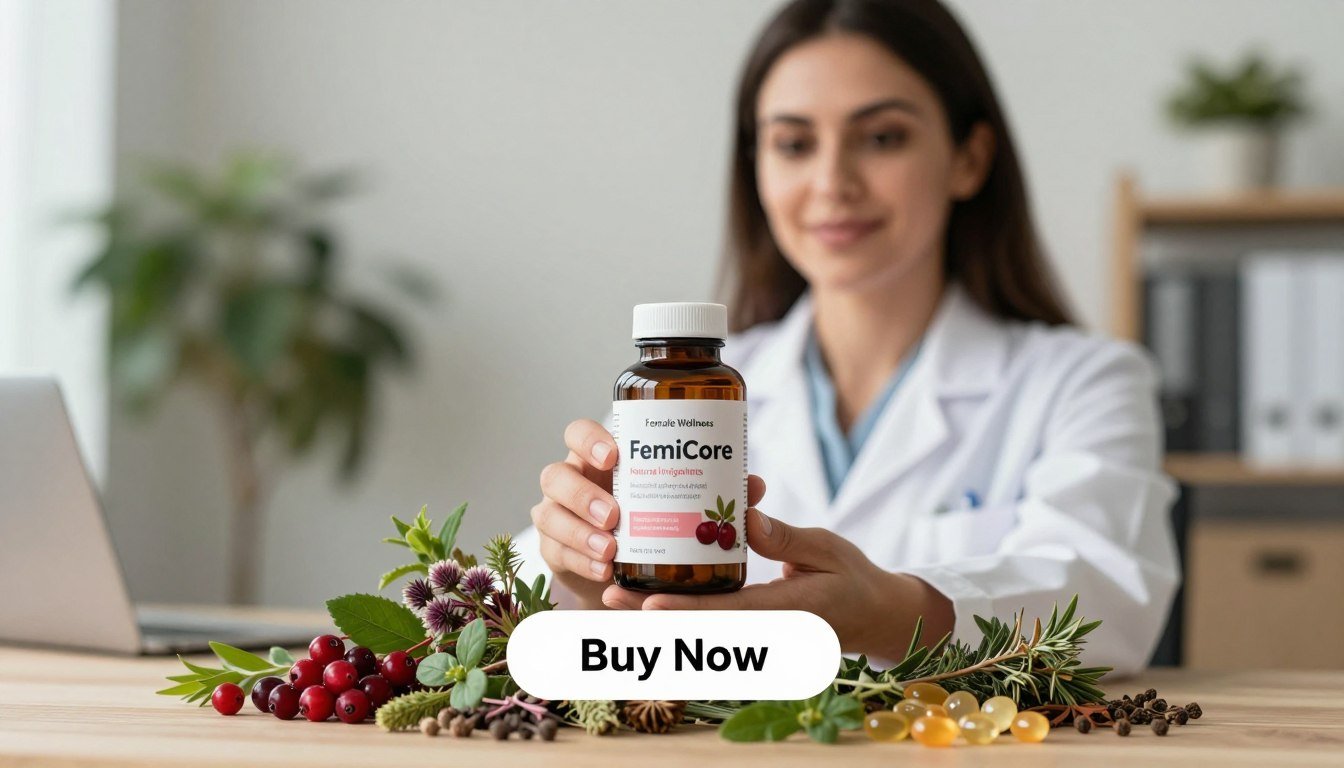 A professional woman in a white lab coat holds a bottle labeled "FemiCore" showcasing its natural ingredients. The foreground features the product prominently, with herbs like cranberry, herbal extracts, and vitamins artistically arranged around it. The middle ground includes a soft focus on the background, highlighting a blurred office environment with plants for a natural vibe. Light filters in softly, creating a warm, inviting atmosphere that conveys trust and wellness. The composition is shot with a balanced lens to accentuate the details of the bottle and its appealing label. A "Buy Now" button is included below the product image, and the brand name "Female Wellness" is clearly integrated, enhancing the product-focused visual while maintaining a professional aesthetic. A professional woman in a white lab coat holds a bottle labeled "FemiCore" showcasing its natural ingredients. The foreground features the product prominently, with herbs like cranberry, herbal extracts, and vitamins artistically arranged around it. The middle ground includes a soft focus on the background, highlighting a blurred office environment with plants for a natural vibe. Light filters in softly, creating a warm, inviting atmosphere that conveys trust and wellness. The composition is shot with a balanced lens to accentuate the details of the bottle and its appealing label. A "Buy Now" button is included below the product image, and the brand name "Female Wellness" is clearly integrated, enhancing the product-focused visual while maintaining a professional aesthetic.