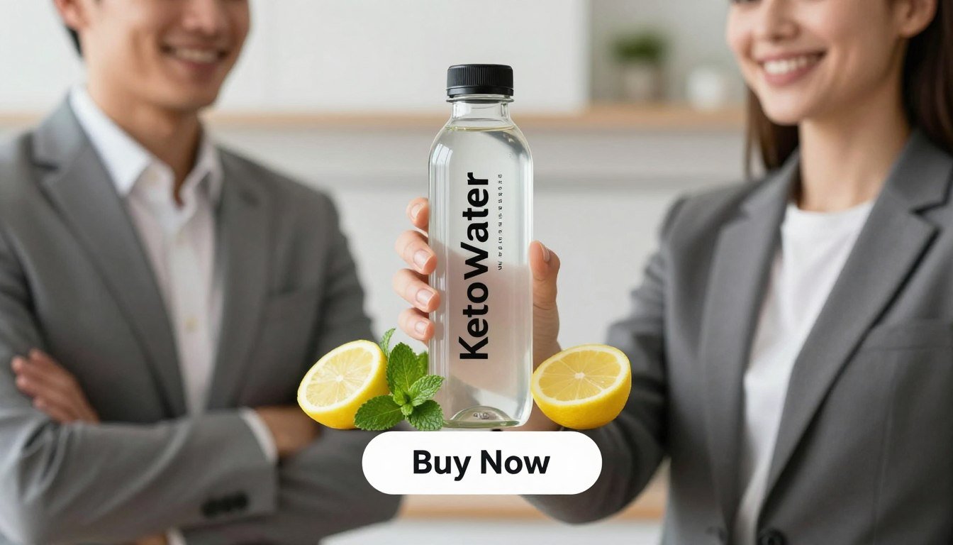 A sleek and modern depiction of "KetoWater," an advanced keto hydration formula, featuring a stylish glass bottle with a minimalist design showcasing the brand name "Weight Management." In the foreground, a man and a woman, dressed in professional business attire, are holding the hydration formula with smiles, exuding confidence and health. The middle ground captures subtle details of fresh, vibrant ingredients like lemon, mint, and electrolytes artfully arranged beside the product, emphasizing its refreshing nature. The background features a clean, bright kitchen or fitness-oriented setup with soft lighting, creating an inviting atmosphere. A prominent "Buy Now" button is placed below the product, encouraging action and enhancing the commercial aspect without any text or distractions. A sleek and modern depiction of "KetoWater," an advanced keto hydration formula, featuring a stylish glass bottle with a minimalist design showcasing the brand name "Weight Management." In the foreground, a man and a woman, dressed in professional business attire, are holding the hydration formula with smiles, exuding confidence and health. The middle ground captures subtle details of fresh, vibrant ingredients like lemon, mint, and electrolytes artfully arranged beside the product, emphasizing its refreshing nature. The background features a clean, bright kitchen or fitness-oriented setup with soft lighting, creating an inviting atmosphere. A prominent "Buy Now" button is placed below the product, encouraging action and enhancing the commercial aspect without any text or distractions.