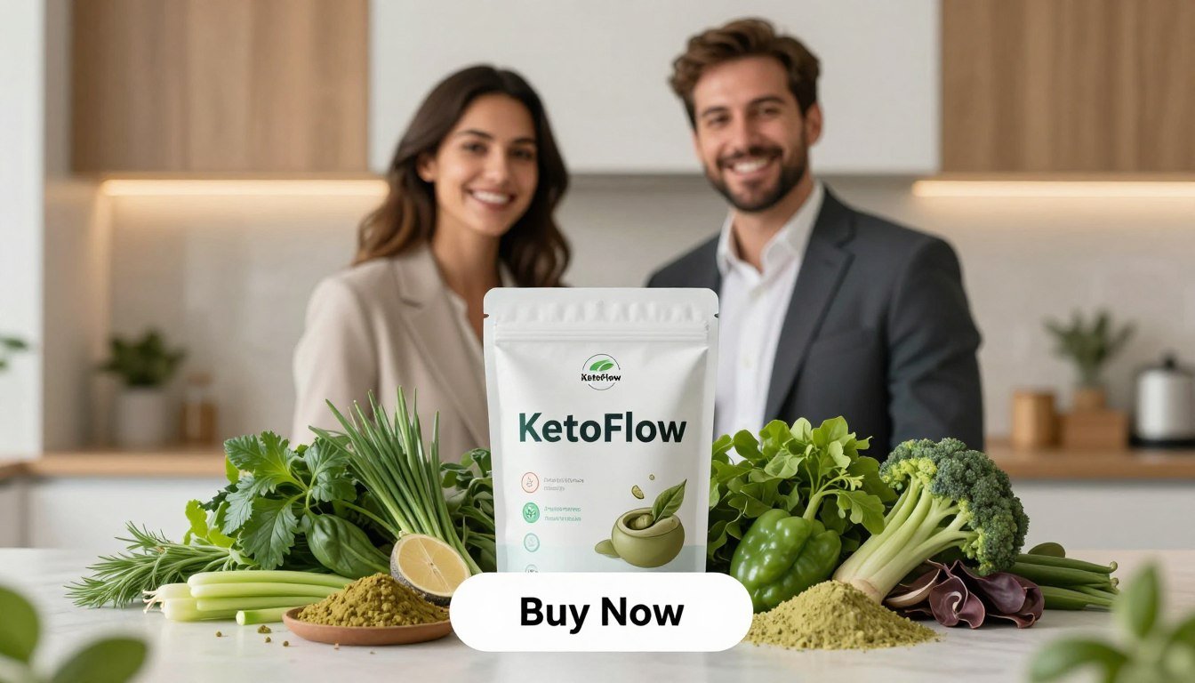 A vibrant and engaging product image showcasing "KetoFlow" ingredients, featuring a man and woman dressed in professional business attire. The foreground includes the sleek, modern packaging of KetoFlow prominently displayed, with fresh herbs, green powders, and various natural components artfully arranged around it to highlight their health benefits. In the middle ground, the couple smiles confidently while holding the product, embodying a sense of trust and wellness. The background features a softly blurred home kitchen setting with warm, ambient lighting that creates an inviting atmosphere, emphasizing health and vitality. At the bottom of the image, a clear "Buy Now" button complements the composition. Brand name "Health & Wellness" is subtly integrated into the design, enhancing the image’s professional appeal. A vibrant and engaging product image showcasing "KetoFlow" ingredients, featuring a man and woman dressed in professional business attire. The foreground includes the sleek, modern packaging of KetoFlow prominently displayed, with fresh herbs, green powders, and various natural components artfully arranged around it to highlight their health benefits. In the middle ground, the couple smiles confidently while holding the product, embodying a sense of trust and wellness. The background features a softly blurred home kitchen setting with warm, ambient lighting that creates an inviting atmosphere, emphasizing health and vitality. At the bottom of the image, a clear "Buy Now" button complements the composition. Brand name "Health & Wellness" is subtly integrated into the design, enhancing the image’s professional appeal.