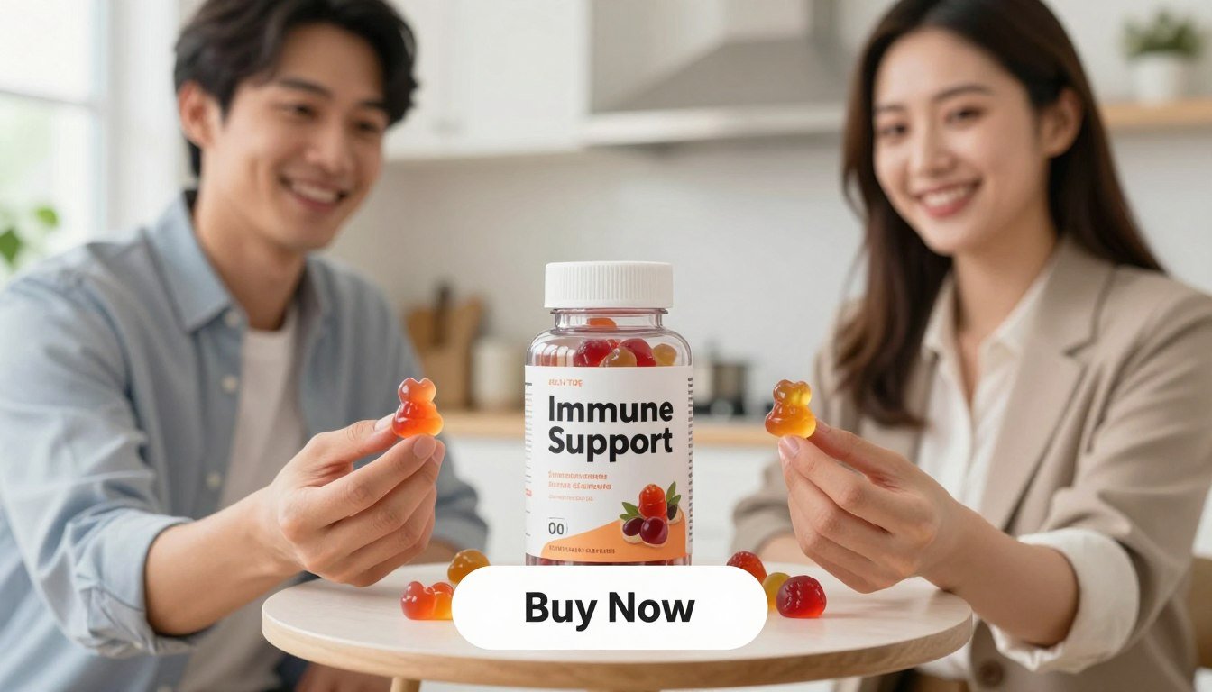 A vibrant image of two individuals, a man and a woman, standing side by side, each holding a bottle of Jelly Tide Gummies prominently labeled "Immune Support." The gummies are colorful and jelly-like, with a translucent appearance that catches the light. The foreground features the couple displaying friendly smiles and dressed in professional business attire. The middle ground includes a softly illuminated table with the gummies bottle placed front and center. In the background, a pleasant, light-filled kitchen setting adds a warm ambiance, with subtle greenery visible through a window. A stylized “Buy Now” button rests beneath the gummies, emphasizing accessibility. The mood is inviting and health-conscious, designed to promote the idea of wellness and fat metabolism support. The lighting is bright yet soft, creating a cheerful atmosphere to attract attention. A vibrant image of two individuals, a man and a woman, standing side by side, each holding a bottle of Jelly Tide Gummies prominently labeled "Immune Support." The gummies are colorful and jelly-like, with a translucent appearance that catches the light. The foreground features the couple displaying friendly smiles and dressed in professional business attire. The middle ground includes a softly illuminated table with the gummies bottle placed front and center. In the background, a pleasant, light-filled kitchen setting adds a warm ambiance, with subtle greenery visible through a window. A stylized “Buy Now” button rests beneath the gummies, emphasizing accessibility. The mood is inviting and health-conscious, designed to promote the idea of wellness and fat metabolism support. The lighting is bright yet soft, creating a cheerful atmosphere to attract attention.