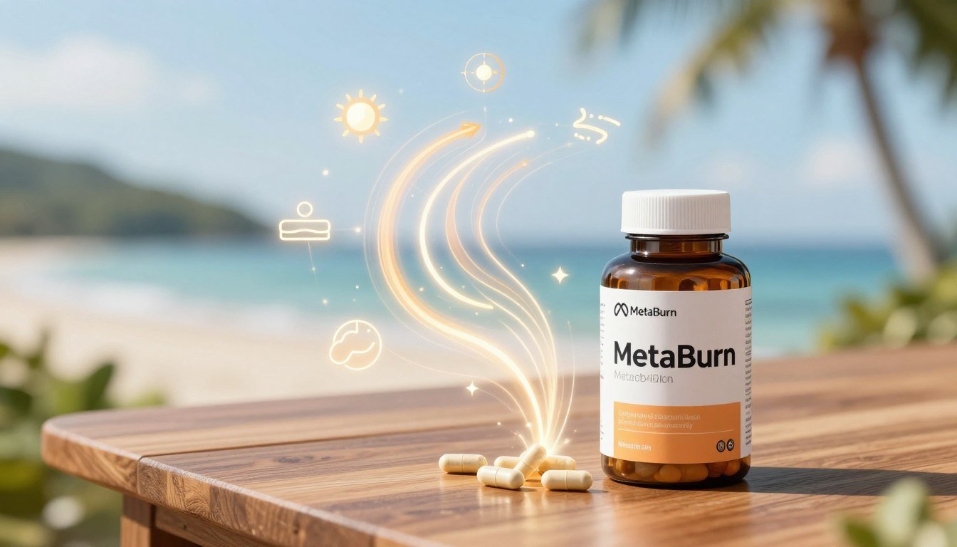 A vibrant, stylized depiction of the MetaBurn metabolism concept. In the foreground, showcase a sleek bottle of MetaBurn capsules with an eye-catching design, positioned on a polished wooden table. In the middle, illustrate a dynamic representation of metabolism—flowing energy lines and abstract icons symbolizing fat burning and energy efficiency radiate from the capsules, with soft, glowing light effects. In the background, a blurred, serene landscape depicting a natural setting (like a calm forest or tranquil beach) exudes a sense of well-being and health. The lighting is bright and inviting, emphasizing the product while maintaining a harmonious atmosphere of vitality and wellness. Capture this from a slightly elevated angle using a shallow depth of field to create focus on the capsules and energy illustrations. A vibrant, stylized depiction of the MetaBurn metabolism concept. In the foreground, showcase a sleek bottle of MetaBurn capsules with an eye-catching design, positioned on a polished wooden table. In the middle, illustrate a dynamic representation of metabolism—flowing energy lines and abstract icons symbolizing fat burning and energy efficiency radiate from the capsules, with soft, glowing light effects. In the background, a blurred, serene landscape depicting a natural setting (like a calm forest or tranquil beach) exudes a sense of well-being and health. The lighting is bright and inviting, emphasizing the product while maintaining a harmonious atmosphere of vitality and wellness. Capture this from a slightly elevated angle using a shallow depth of field to create focus on the capsules and energy illustrations.
