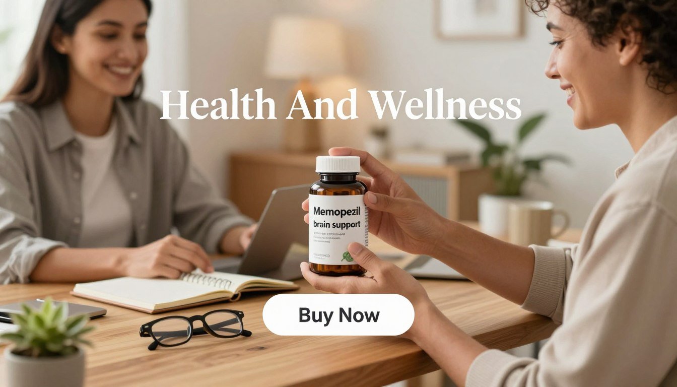 A visually appealing image depicting "Memopezil brain support" as a wellness product. In the foreground, a man and a woman, both dressed in smart casual attire, are proudly holding a sleek, modern bottle of Memopezil, showcasing the label clearly. In the middle ground, a stylish, natural wooden desk is adorned with health-related elements like a notepad, glasses, and a plant, enhancing the thematic focus on brain health. The background features a softly blurred home office environment with warm, inviting lighting, creating a relaxed yet focused atmosphere. A "Buy Now" button is subtly integrated below the product. The brand name "Health And Wellness" is elegantly displayed in a contemporary font, harmonizing with the overall aesthetic. The mood is uplifting, suggesting vitality and clarity associated with effective memory support. A visually appealing image depicting "Memopezil brain support" as a wellness product. In the foreground, a man and a woman, both dressed in smart casual attire, are proudly holding a sleek, modern bottle of Memopezil, showcasing the label clearly. In the middle ground, a stylish, natural wooden desk is adorned with health-related elements like a notepad, glasses, and a plant, enhancing the thematic focus on brain health. The background features a softly blurred home office environment with warm, inviting lighting, creating a relaxed yet focused atmosphere. A "Buy Now" button is subtly integrated below the product. The brand name "Health And Wellness" is elegantly displayed in a contemporary font, harmonizing with the overall aesthetic. The mood is uplifting, suggesting vitality and clarity associated with effective memory support.