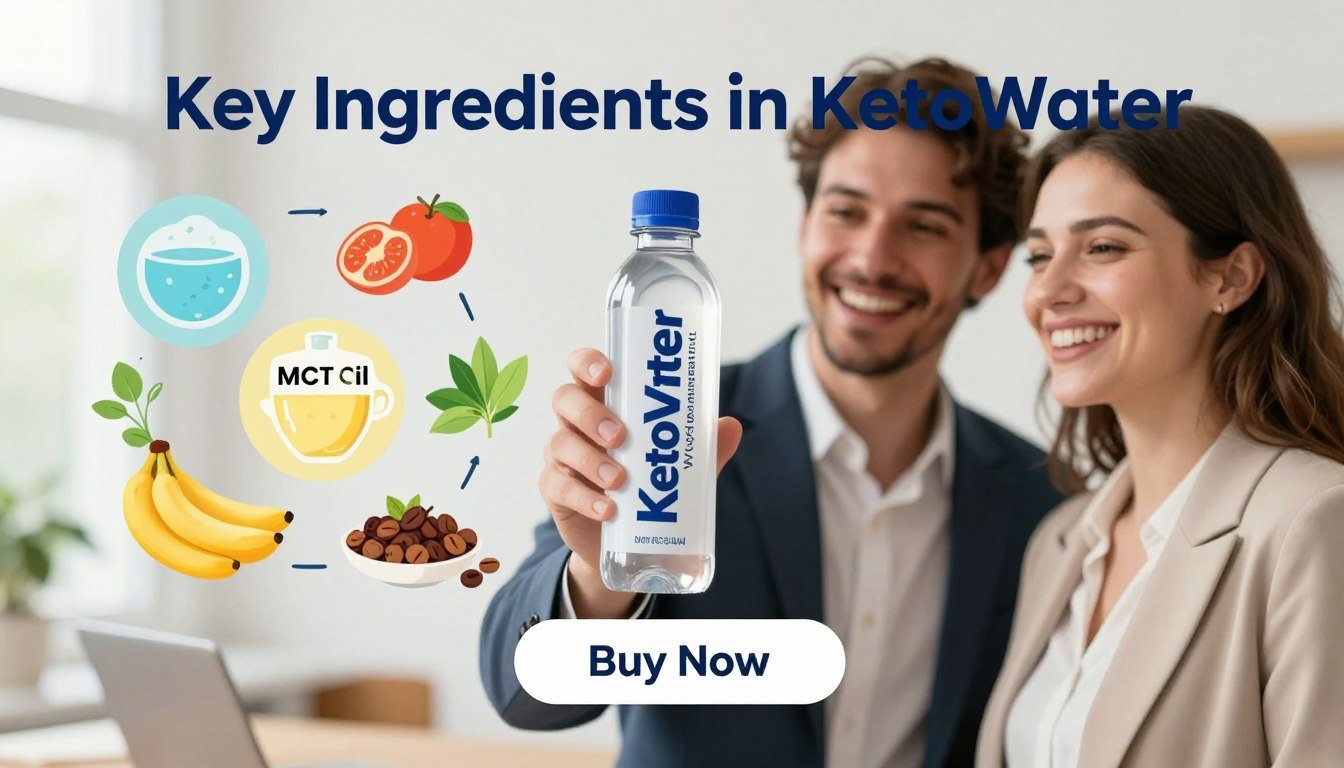 A visually engaging image of "Key Ingredients in KetoWater," showcasing a dynamic composition featuring a man and a woman. The couple, dressed in professional business attire, is joyfully holding a sleek, modern bottle of KetoWater, labeled with the brand name "Weight Management." In the background, vibrant illustrations of key ingredients like electrolytes, MCT oil, and natural flavors are artistically displayed, creating an informative yet appealing atmosphere. Soft, natural lighting enhances the freshness of the scene, with a shallow depth of field focusing on the couple and the product, while a simple "Buy Now" button is placed elegantly beneath. The overall mood should evoke health, vitality, and a sense of energy, perfect for enticing readers about the benefits of KetoWater. A visually engaging image of "Key Ingredients in KetoWater," showcasing a dynamic composition featuring a man and a woman. The couple, dressed in professional business attire, is joyfully holding a sleek, modern bottle of KetoWater, labeled with the brand name "Weight Management." In the background, vibrant illustrations of key ingredients like electrolytes, MCT oil, and natural flavors are artistically displayed, creating an informative yet appealing atmosphere. Soft, natural lighting enhances the freshness of the scene, with a shallow depth of field focusing on the couple and the product, while a simple "Buy Now" button is placed elegantly beneath. The overall mood should evoke health, vitality, and a sense of energy, perfect for enticing readers about the benefits of KetoWater.