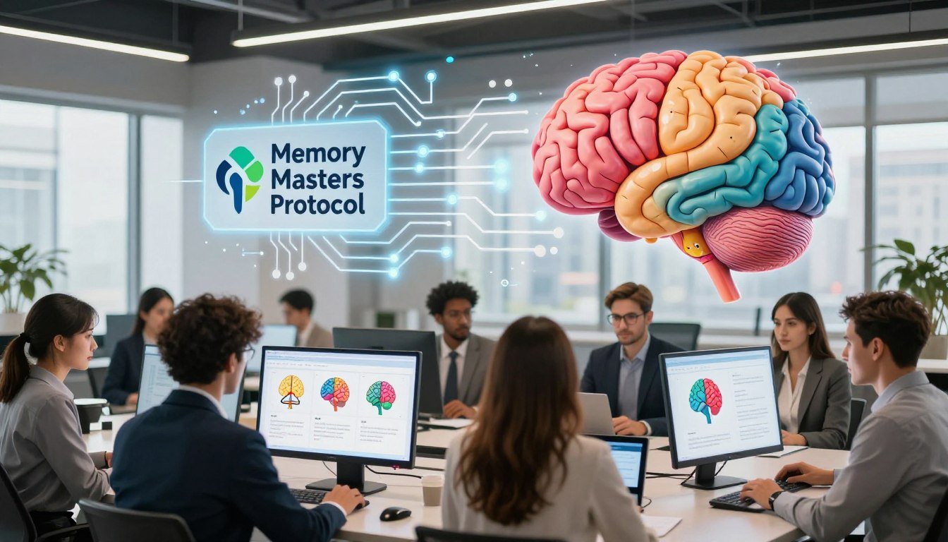 A visually striking illustration representing the "Memory Masters Protocol," showcasing a brain highlighted in vibrant colors, symbolizing cognitive enhancement and memory improvement. In the foreground, a diverse group of professionals in business attire engages with digital interfaces displaying brain training exercises. In the middle, a translucent overlay of brain circuitry and neural pathways connects to the visuals of the Memory Masters Protocol logo, emphasizing its innovative approach. The background features a modern, sleek office environment with large windows, letting in natural light and a sense of productivity. The atmosphere is inspiring and focused, with soft, warm lighting to create an inviting ambiance. The composition captures both the youthful energy and professional integrity of the Memory Masters Protocol, perfect for illustrating its essence. A visually striking illustration representing the "Memory Masters Protocol," showcasing a brain highlighted in vibrant colors, symbolizing cognitive enhancement and memory improvement. In the foreground, a diverse group of professionals in business attire engages with digital interfaces displaying brain training exercises. In the middle, a translucent overlay of brain circuitry and neural pathways connects to the visuals of the Memory Masters Protocol logo, emphasizing its innovative approach. The background features a modern, sleek office environment with large windows, letting in natural light and a sense of productivity. The atmosphere is inspiring and focused, with soft, warm lighting to create an inviting ambiance. The composition captures both the youthful energy and professional integrity of the Memory Masters Protocol, perfect for illustrating its essence.