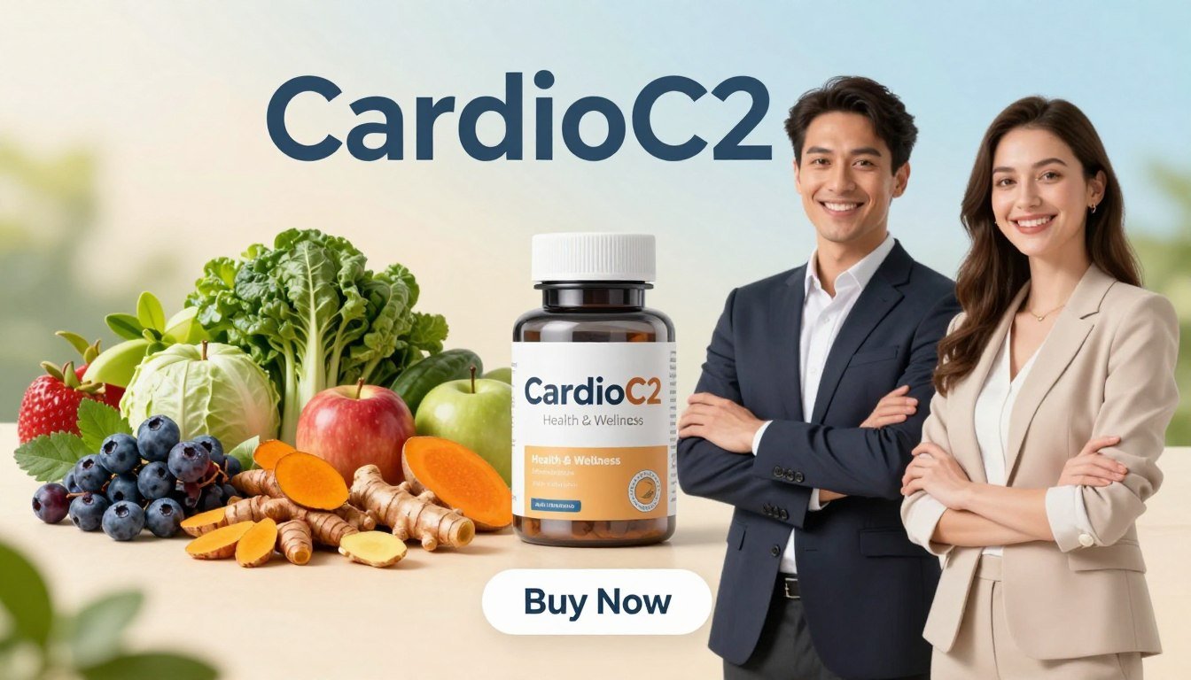 A well-lit, detailed product display featuring "CardioC2" ingredients prominently. In the foreground, a man and a woman in professional business attire are confidently holding a sleek, modern bottle labeled "CardioC2" by "Health & Wellness". They are smiling, standing side by side, showcasing the product's appeal. The middle ground includes an array of colorful, fresh ingredients that represent the key components of CardioC2, such as berries, turmeric, ginger, and leafy greens, artfully arranged. The background features a subtle gradient, evoking a calm and healthy atmosphere, with soft focus to draw attention to the subjects and ingredients. The lighting is bright and inviting, emphasizing freshness and vitality, with a "Buy Now" button displayed below the product for a concise, action-inspiring touch. A well-lit, detailed product display featuring "CardioC2" ingredients prominently. In the foreground, a man and a woman in professional business attire are confidently holding a sleek, modern bottle labeled "CardioC2" by "Health & Wellness". They are smiling, standing side by side, showcasing the product's appeal. The middle ground includes an array of colorful, fresh ingredients that represent the key components of CardioC2, such as berries, turmeric, ginger, and leafy greens, artfully arranged. The background features a subtle gradient, evoking a calm and healthy atmosphere, with soft focus to draw attention to the subjects and ingredients. The lighting is bright and inviting, emphasizing freshness and vitality, with a "Buy Now" button displayed below the product for a concise, action-inspiring touch.
